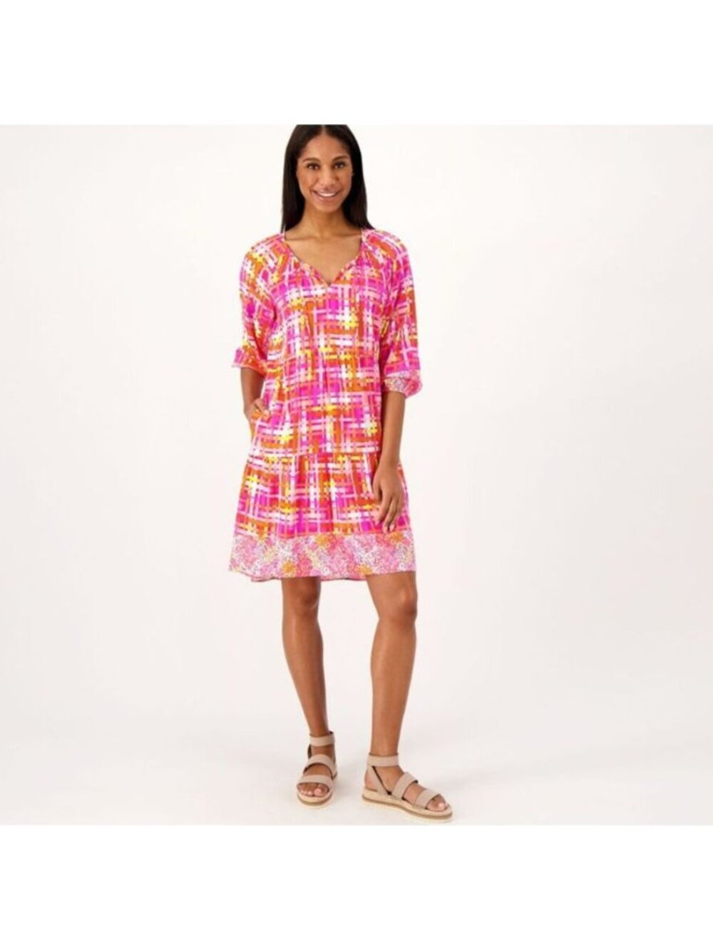 Isaac Mizrahi Live Dress sz PS Petite Twin Printed Hi-Low Pink A596713